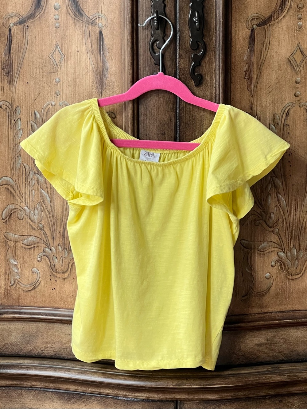 Zara Girls NWT Yellow Cotton Ruffle Flutter Sleeve Top On/Off Shoulder Sz 9